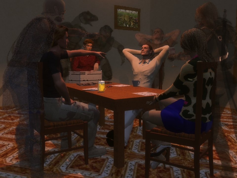 The Gamers IV.jpg - "The Gamers IV"A return to a regular subject here - the depiction of Game Night in both its real and imaginary form. Tom's rogue has just done something clever and inadvisable, and Dick's fighter is haranguing him about it, while Sally's ranger watches with amusement and a glass of wine. Meanwhile, his face giving nothing away, the DM waits his moment to unleash some nasty monsters on the party when they least expect it. Maddie provided the Triceratops picture they have on the wall!